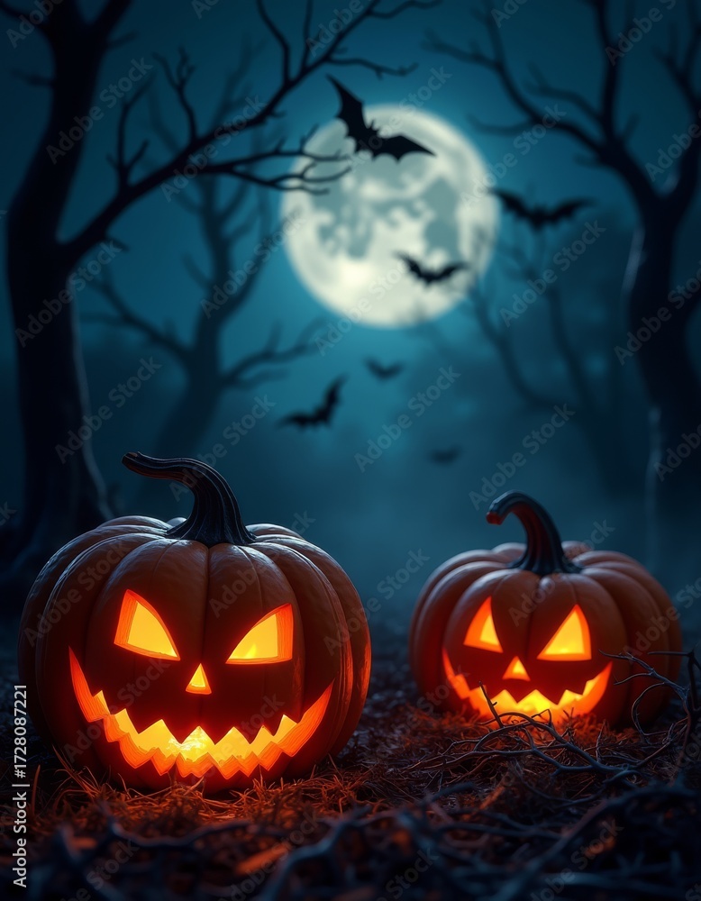 Fototapeta premium Eerie Halloween night background with glowing jackolanterns spooky spiderwebs and flying bats under a dark moon border background spooky illustration decoration