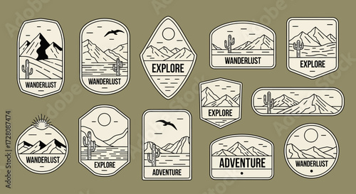 A collection of vintage-style line art badges featuring desert and mountain landscapes with text like "Wanderlust", "Explore", and "Adventure".