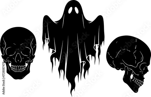 Floating Ghost and Human Skull Silhouette Vector Illustration on White Background