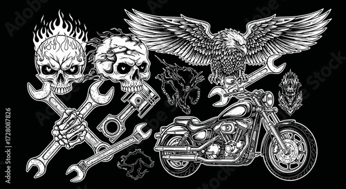 Vintage black and white illustration of motorcycle culture elements including skulls, wrenches, an eagle, and a classic cruiser bike.