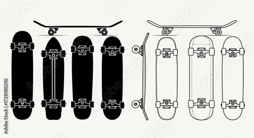 Multiple skateboard designs shown in both solid black silhouette and detailed line art.