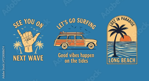 Three vintage-style surfing and beach-themed graphic designs featuring a shaka hand, a car with a surfboard, and a palm tree sunset.