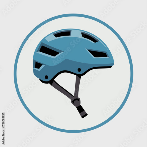 A blue bicycle helmet with black straps shown in a circular frame, representing cycling safety and protective gear.