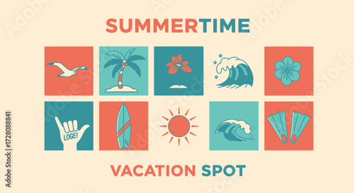 A vibrant collection of summer and vacation-themed icons including palm trees, waves, sun, surfboard, and flippers, with text 'SUMMERTIME VACATION SPOT'.