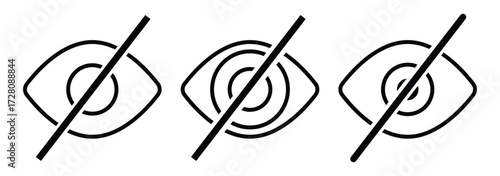 Unsee eye icon. Eyesight symbol. Retina scan eye signs. Privacy and block flat or line vector collection. hide visability icon set,  don't look symbol, hide password. Vector illustration.