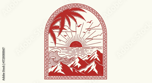 Stylized red line art illustration depicting a tropical sunset over the ocean with mountains, palm trees, and birds within an arched frame.