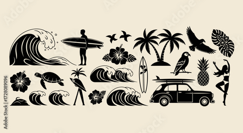A collection of black silhouette icons depicting tropical beach and surf elements like waves, surfers, palm trees, and exotic animals.