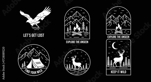 Six black and white line art illustrations featuring outdoor adventure themes like mountains, campfires, eagles, tents, and deer, with inspirational text.