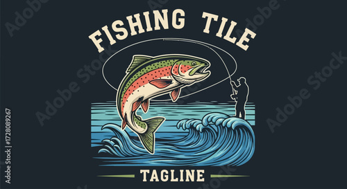 Vintage fishing illustration with a large jumping fish and a fisherman on a wave, perfect for a t-shirt design.