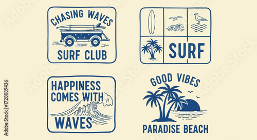 Collection of four vintage-style blue and white surf club and beach-themed illustrations with waves, palm trees, and a classic car.
