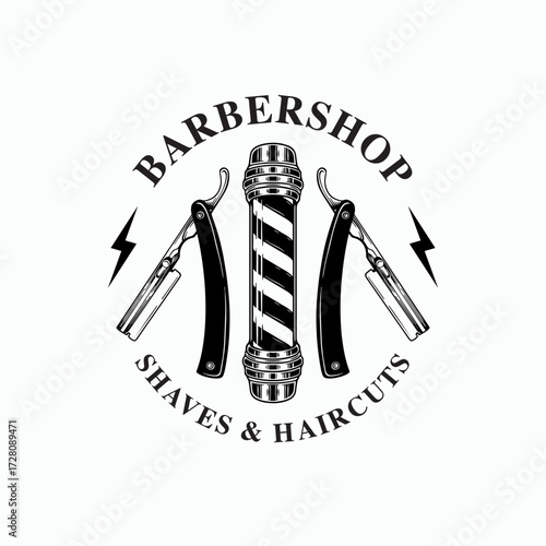 Sharp retro barbershop logo with pole and razors for classic shave and haircut branding, perfect for vintage style barber shop marketing and promotion