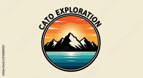 A circular logo featuring a vibrant sunset over majestic mountains and a serene lake, with 'CATO EXPLORATION' text arched above, evoking adventure and nature.