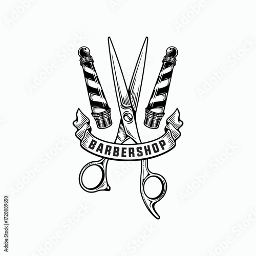 Elegant barbershop design with classic barber pole and scissors for a stylish retro brand or vintage hair salon logo, creating a professional aesthetic.