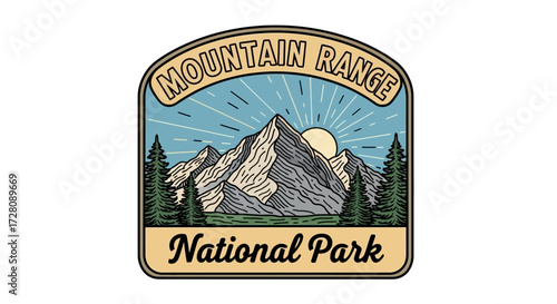 Vintage style national park badge illustration featuring majestic mountains, a rising sun with rays, and evergreen trees, with 'Mountain Range National Park' text.