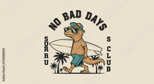 A cartoon lizard in sunglasses and a cap walks on a beach carrying a surfboard, with 