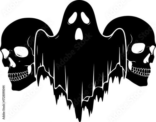 Floating Ghost and Human Skull Silhouette Vector Illustration on White Background