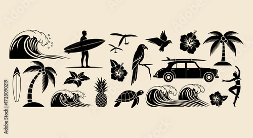 A collection of black silhouette icons representing tropical and Hawaiian culture, including surfers, waves, palm trees, flowers, and animals.