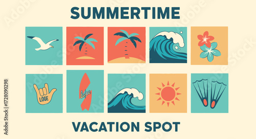 A vibrant illustration featuring a grid of ten colorful summer and beach-themed icons, including a seagull, palm trees, ocean waves, hibiscus flowers, a shaka hand sign, a surfboard, sun, and swim fin