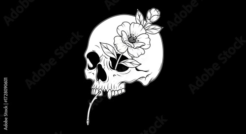 White skull illustration with a delicate flower blooming from its eye socket, against a stark black background, featuring a single drop.
