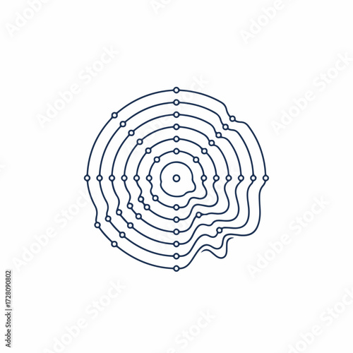 Abstract Fingerprint Contour Lines with Data Points. Biometric Identity, Digital Security, Topographic Map, or Data Visualization Concept