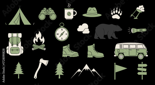 A collection of green and white line art icons representing various camping, hiking, and outdoor adventure elements on a black background.