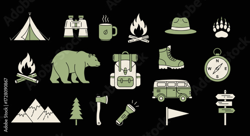 A diverse collection of outdoor adventure and camping icons, featuring a tent, bear, backpack, campfire, and various nature elements.