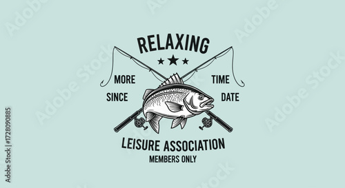 Vintage fishing emblem with a fish and crossed rods for a relaxing leisure association, featuring text 'Relaxing Leisure Association Members Only'.