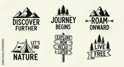 A collection of six vintage-style black and white outdoor adventure and travel logos, featuring mountains, trees, tents, and inspirational phrases like 'Discover Further' and 'Journey Begins'.