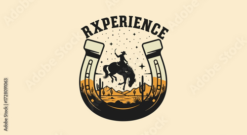 A vintage-style logo featuring a cowboy riding a bucking horse inside a horseshoe with a desert landscape and the word RXPERIENCE.