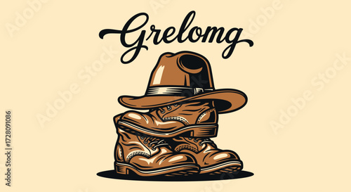 A vintage-style illustration featuring a brown cowboy hat resting on a pair of worn leather cowboy boots, with "Grelomg" text above.