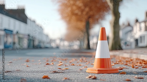 Orange and White Traffic Cone on Street with Autumn Leaves Fallen Cinematic HDR Urban Still Life