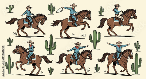 Multiple illustrations of cowboys riding horses in various dynamic poses, surrounded by green cacti in a desert landscape.