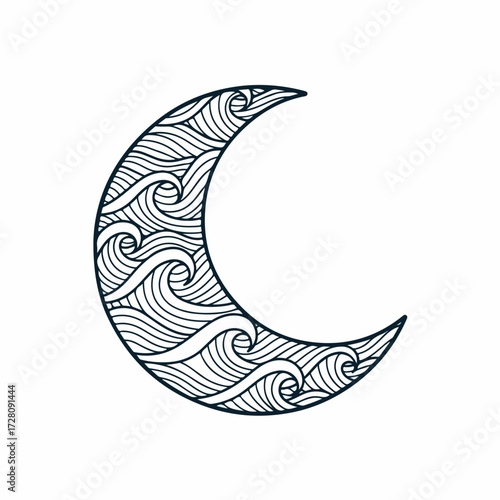 Intricate Crescent Moon with Ocean Waves Pattern. Mystical celestial body and water element line art illustration.