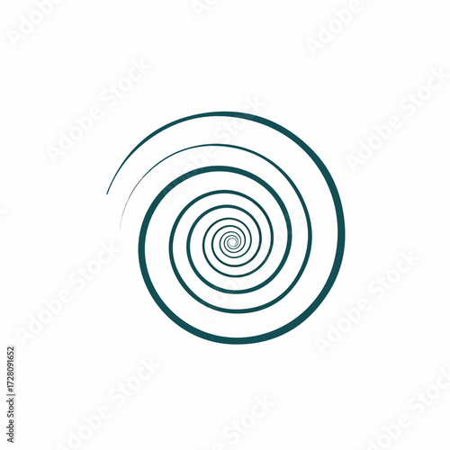 Minimalist teal spiral graphic on white background, abstract geometric curve design element, infinite growth symbol
