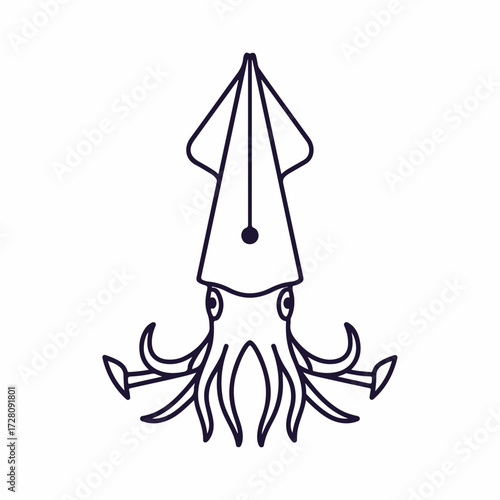 Ink squid pen concept illustration with minimalist line art style