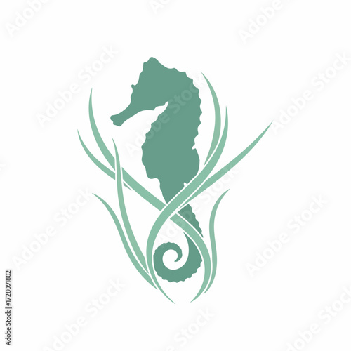 Graceful Seahorse Silhouette with Flowing Seaweed Vector Design