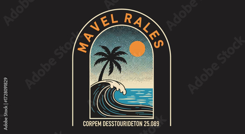 Vintage tropical beach scene with palm tree, ocean wave, and sun in an arched frame, featuring "MAVEL RALES" text.