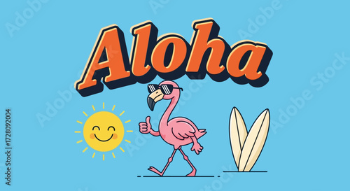 A cartoon illustration of a cool flamingo with sunglasses, a smiling sun, and surfboards under the word "Aloha" on a blue background, evoking a tropical summer vibe.