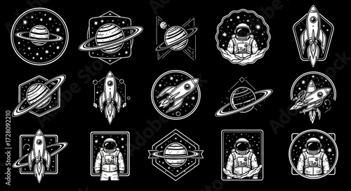 Collection of monochrome space exploration icons featuring astronauts, rockets, and planets in a vintage, engraved style.