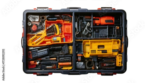 Open Plastic Toolbox with Visible Compartments and Tools.