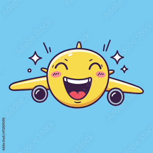 Smiling yellow cartoon airplane with closed eyes and pink cheeks flying in a light blue sky, surrounded by sparkles.