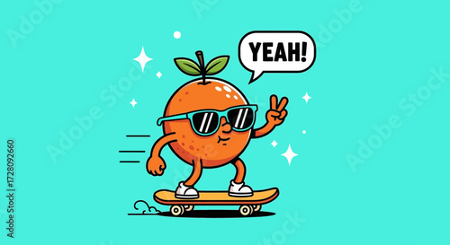 A cool cartoon orange character with sunglasses riding a skateboard and making a peace sign.
