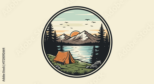 Serene outdoor camping scene with a tent by a mountain lake at sunrise.