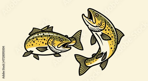Two vintage style brown trout fish swimming and leaping illustration.