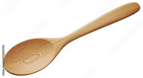 Wooden spoon crafted from light wood grain perfect for cooking and serving food in a rustic kitchen setting with natural light and a clean aesthetic on transparent background