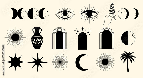 Collection of mystical and bohemian esoteric symbols including moon phases, suns, stars, and all-seeing eyes.