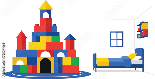 Child’s bedroom with colorful block castle and bed vector illustration