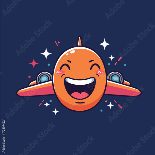 Joyful orange cartoon airplane with closed eyes and blushing cheeks, flying in a dark blue sky with colorful stars and sparkles.