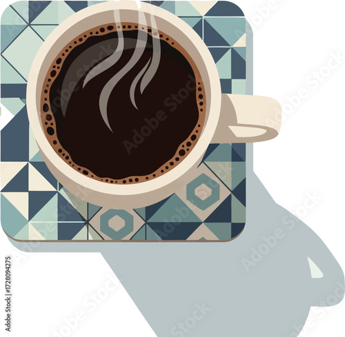 Steaming cup of coffee on patterned coaster vector illustration