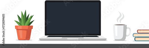 Minimalist workspace with laptop, coffee mug, plant, and books vector illustration